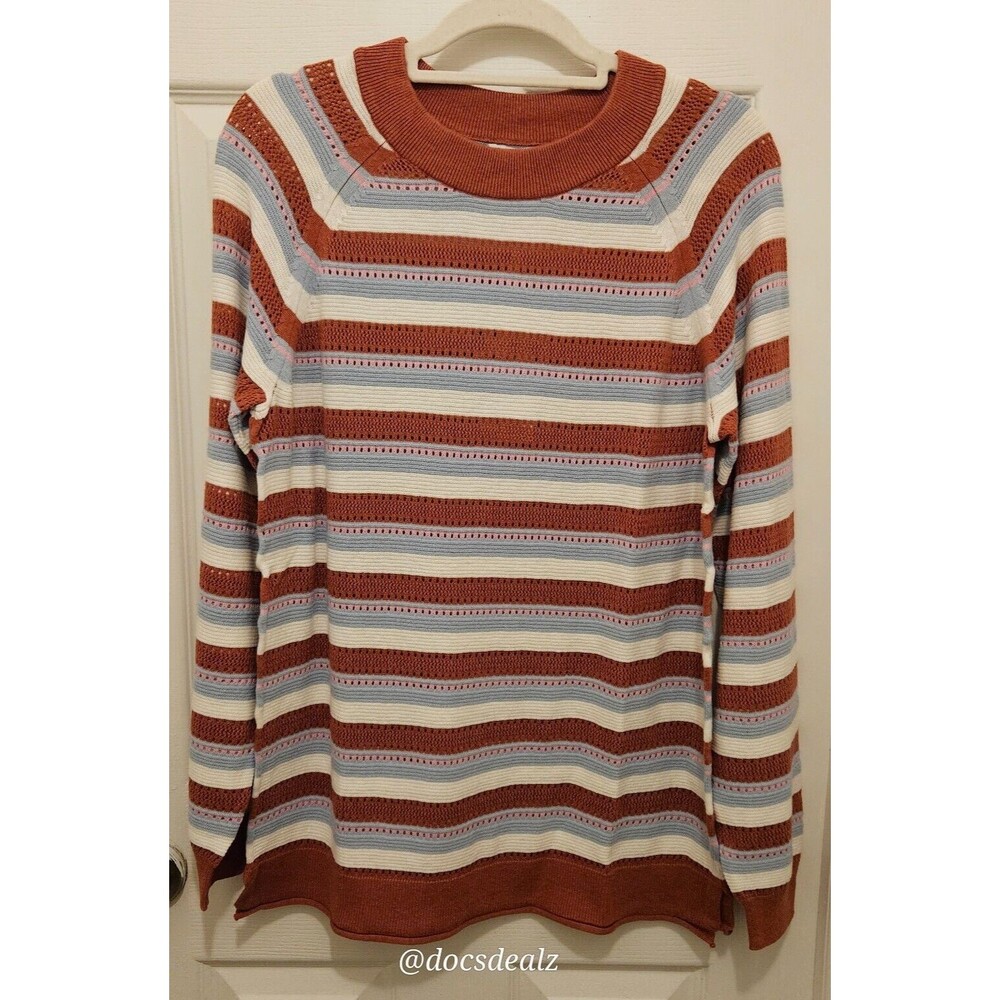 Market & Spruce Sweater Striped Eyelet Orange, Blue, White Women's Large - Picture 1 of 6